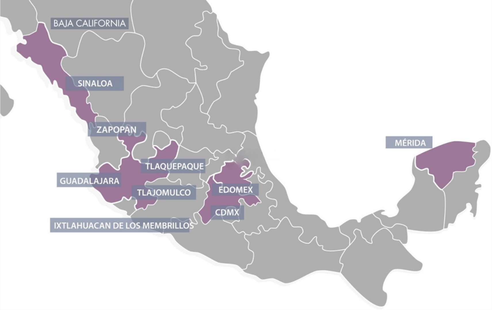 Mapa de México con los estados donde tiene presencia Fundación Unnido